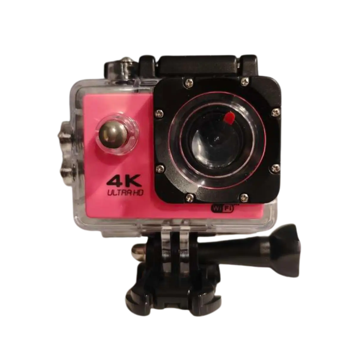 4k-s akciókamera rózsaszín vázzal és nagylátószögű objektívvel, tokban